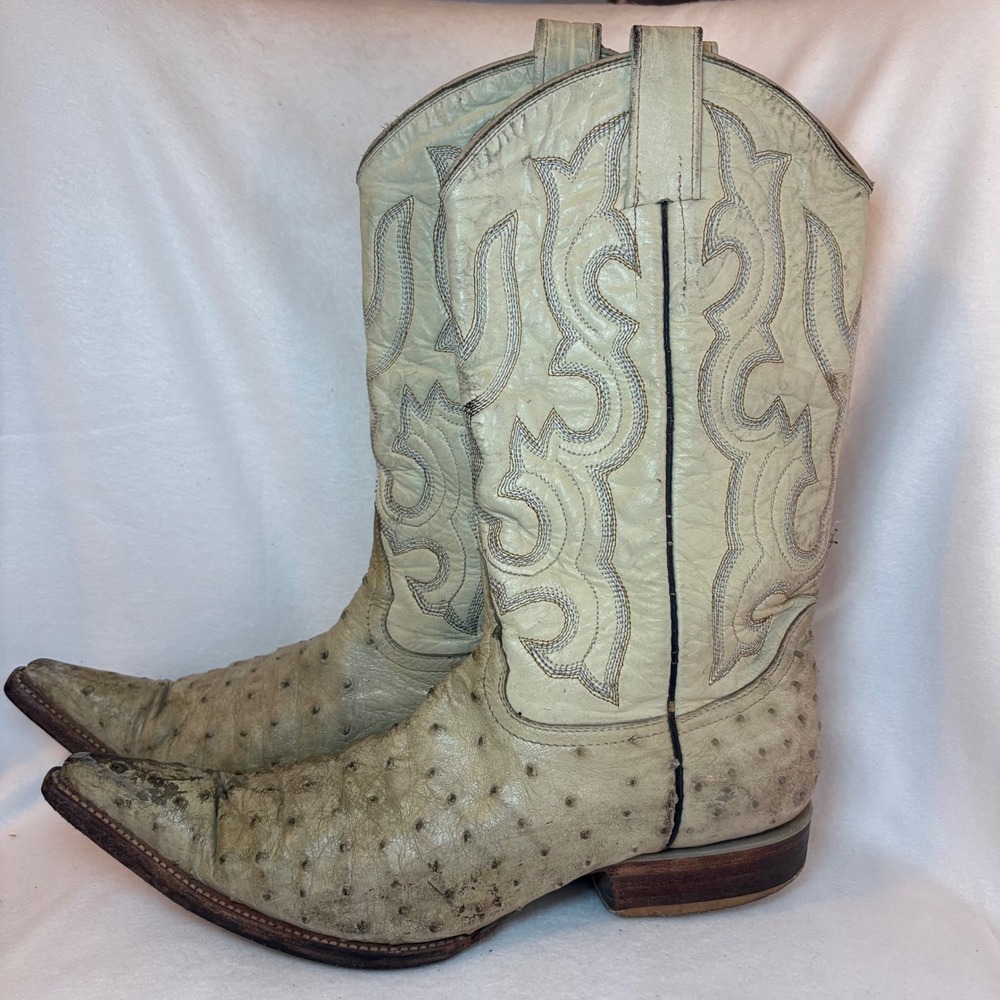 Mens Full Quill Ostrich Leather Cowboy Boots Pointed Toe Off White Cream Western